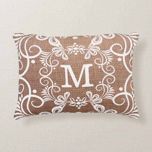 Coussins Décoratifs Monogramme rustique de toile de jute de motif (Devant)