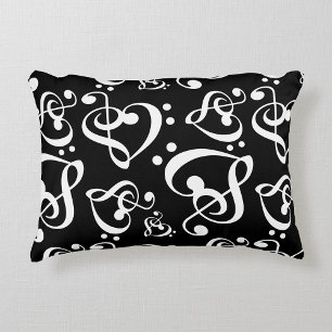 Coussins Décoratifs Motif blanc noir de notes de musique de coeur de