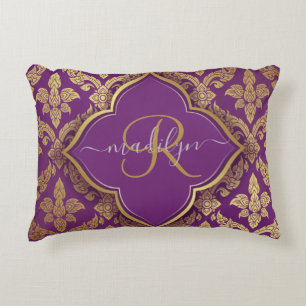 Coussins Décoratifs Motif damassé fleur monogramme or violet royal