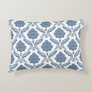 Coussins Décoratifs Motif Damassé Rococo Bleu sur Fond Blanc