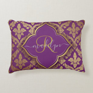 Coussins Décoratifs Motif de Damas Or Violet Royal Fleur Monogramme