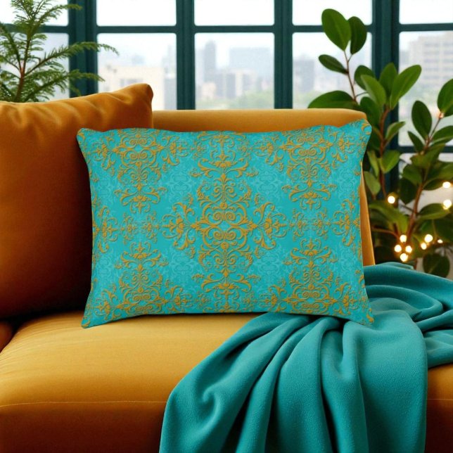 Coussins Décoratifs Motif de style Damask or et Turquoise (Créateur téléchargé)