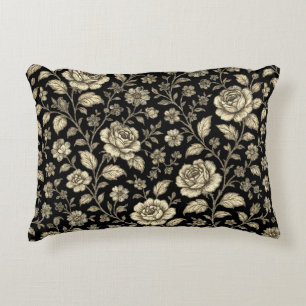 Coussins Décoratifs Motif floral de rose dorée vintage sur fond noir