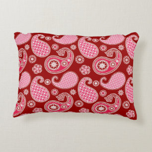 Coussins Décoratifs Motif Paisley, rouge foncé, rose et blanc