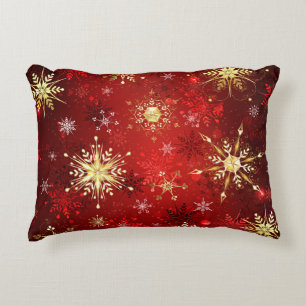 Coussins Décoratifs Noël Golden Snowflakes sur Arrière - plan rouge
