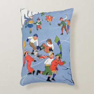Coussins Décoratifs Noël vintage, enfants patinant sur un lac