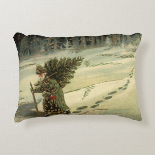 Coussins Décoratifs Noël vintage, le Père Noël portant un arbre