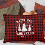 Coussins Décoratifs Nom de famille du cabine Red Black Buffalo Plaid<br><div class="desc">Créez un oreiller à lancer personnalisé avec un baldaquin rustique rouge et noir et une image de pins dans les bois avec votre texte personnalisé en blanc (avec NOM FAMILLE CABINE et date de l'année établie). Tout le texte est modifiable. Idéal pour un cabine en famille, un gîte de montagne...</div>