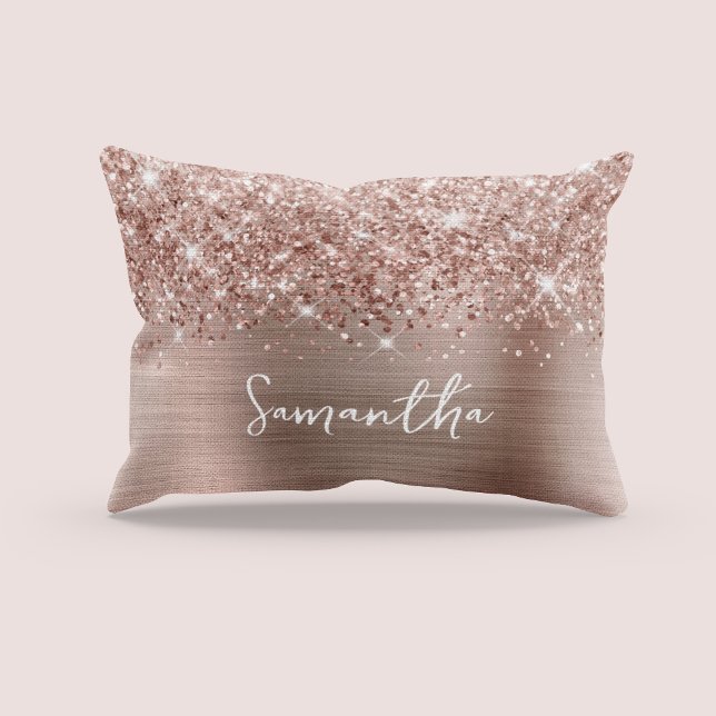 Coussins Décoratifs Nom de script Glam Rose Gold Pailleté (Glittery Rose Gold Glam Script Name Accent Pillow)