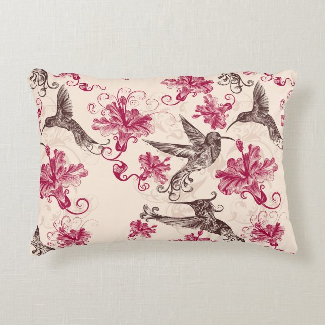 Coussins Décoratifs Oiseaux Humming Et Fleurs Roses (Devant)