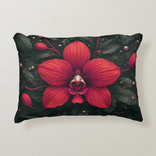 Coussins Décoratifs Orchidée rouge en fleurs avec des feuilles vertes