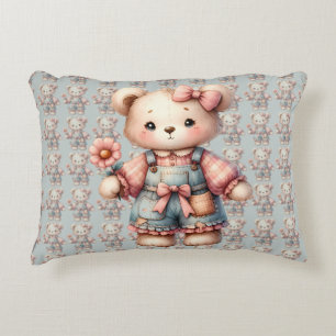 Coussins Décoratifs Ours en peluche pastel tenant une fleur et portant