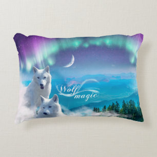 Coussins Décoratifs Paire de loups blancs avec aurores boréales
