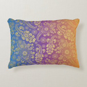 Coussins Décoratifs Paisley Luxe Doré sur Fond Bleu, Violet et Orange