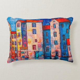 Coussins Décoratifs Panorama de rue avec maisons colorées. Impression