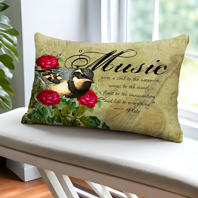 Coussins Décoratifs Partition vintage Citation Violon Rose rouge et oi (Vintage music pillow with songbird, roses and violin)