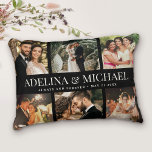 Coussins Décoratifs Photo Mariage Personnalisé Moderne Chic Design Élé<br><div class="desc">Elégant et moderne mariage keepsaké,  ce nom personnalisé et de date photo collage design fait un bel affichage pour vos photos préférées de votre journée spéciale. Grand cadeau pour les jeunes mariés ou les anniversaires ! C'est la version noire.</div>