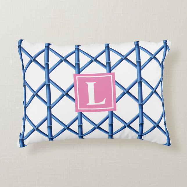 Coussins Décoratifs Preppy Blue Trellis Bamboo Motif Monogramme (Devant)