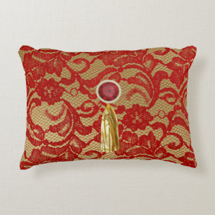 Coussins Décoratifs Red & Gold Faux Floral Lace Jewel & Gold Tassel