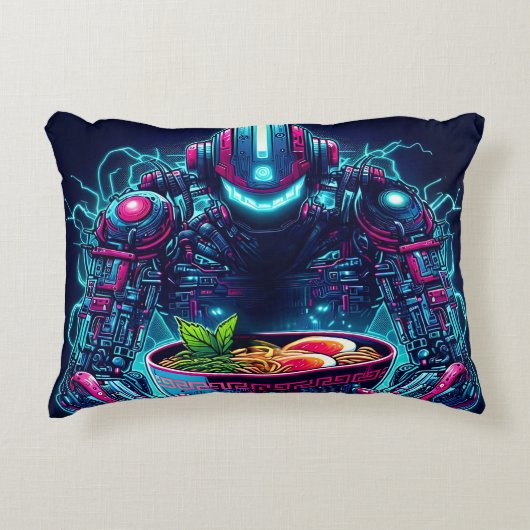 Coussins Décoratifs Robot Cyberpunk Futuriste Neon Nourriture Ramen (Devant)