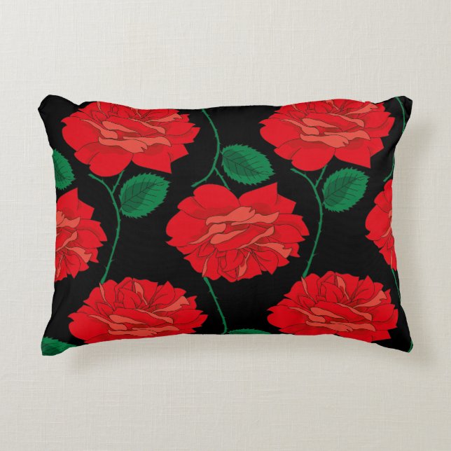 Coussins Décoratifs Rose rouge sur noir (Devant)