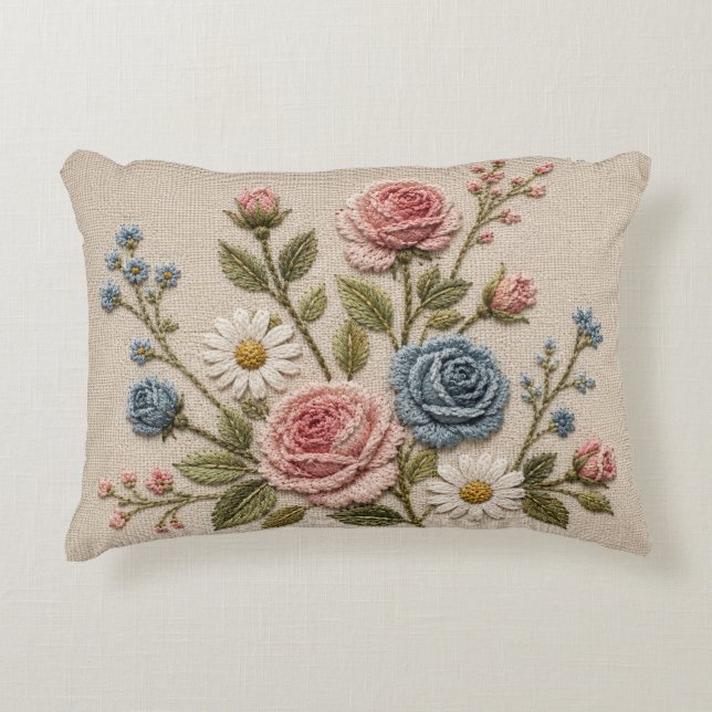 Coussins Décoratifs Roses Brodées Blush & Bleu (Devant)