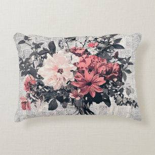 Coussins Décoratifs Roses roses corail Art botanique de journal vintag