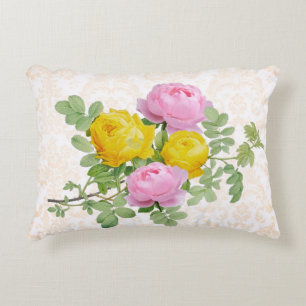Coussins Décoratifs Roses victoriens vintages sur Pastel Yellow Damask