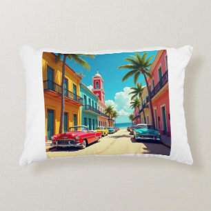 Coussins Décoratifs Rue colorée cubaine avec voitures classiques