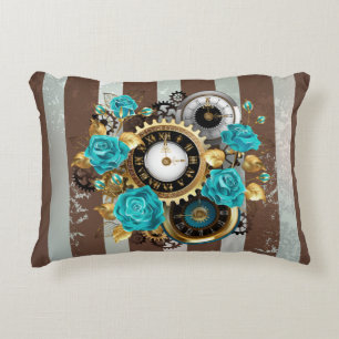 Coussins Décoratifs Steampunk Clock and Turquoise Roses on Striped