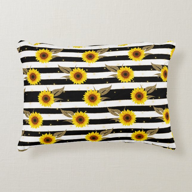 Coussins Décoratifs Sunflowers with Black and White Horizontal Lines (Devant)