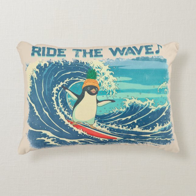 Coussins Décoratifs Surfing penguin Ukiyo-e style "Ride the Wave" (Devant)