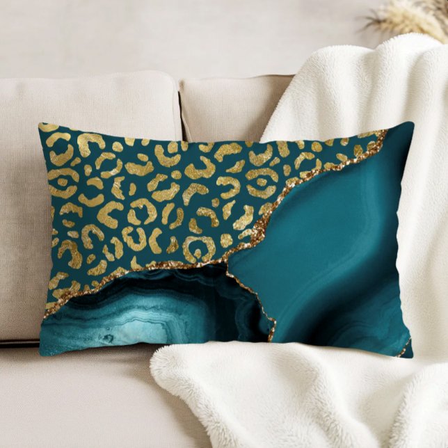 Coussins Décoratifs Taches de léopard dorées sur fond bleu sarcelle (Créateur téléchargé)