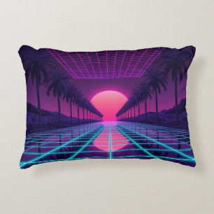 Coussins Décoratifs Tapisserie Néon Synthwave Grille & Palmiers Rétro