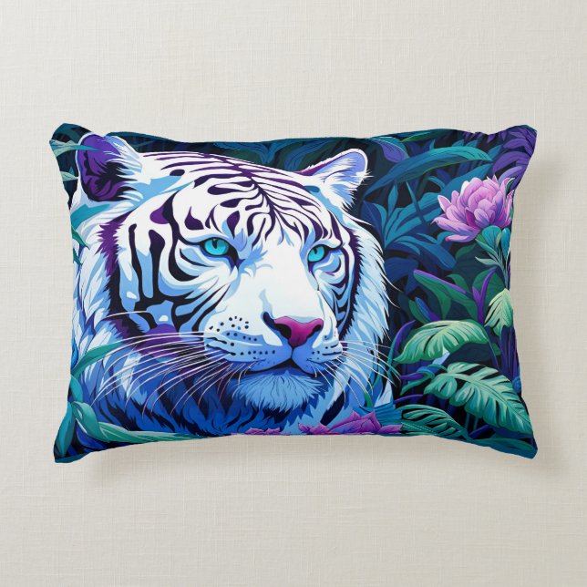 Coussins Décoratifs Tigre blanc avec taie d'oreiller à fleurs violette (Devant)