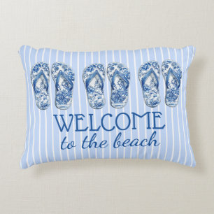 Coussins Décoratifs Tongs en chinoiserie bleue et blanche sur rayures