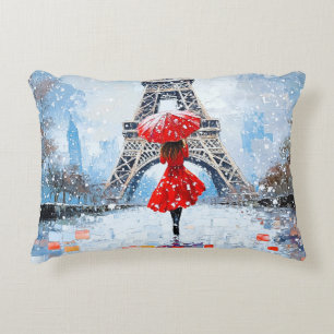 Coussins Décoratifs Tour Eiffel de Paris Romance d'hiver Parapluie Rou