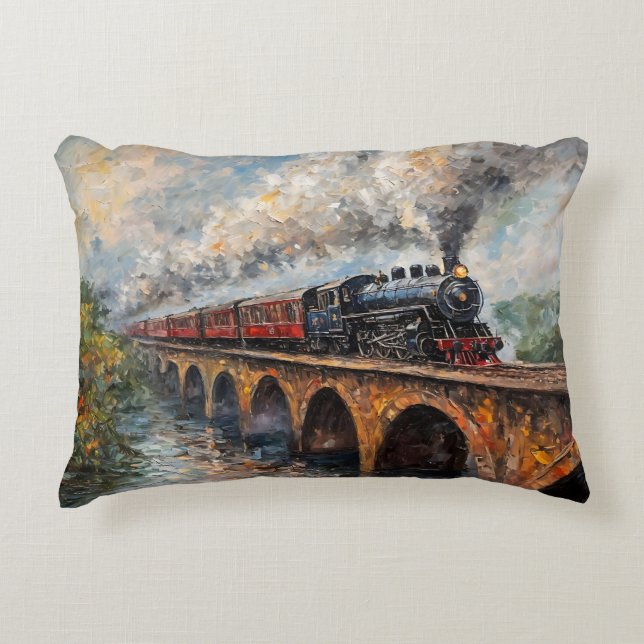 Coussins Décoratifs Train à vapeur sur un pont - Peinture à l'huile (Devant)