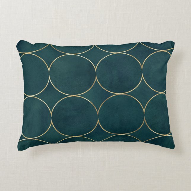 Coussins Décoratifs Turquoise foncé, Cercles d'or Aquarelle. (Devant)