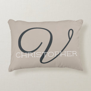 Coussins Décoratifs V Calligraphie Initiale Nom Taupe Brun Neutre Chic