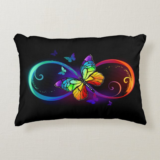 Coussins Décoratifs Vibrant infinity with rainbow butterfly on black (Devant)