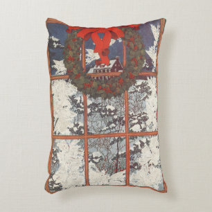 Coussins Décoratifs Vintage couronne de Noël dans une fenêtre avec nei