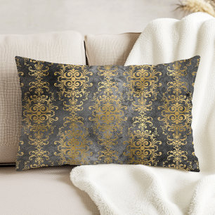 Coussins Décoratifs Vintage Damask Charcoal and Gold Distresses