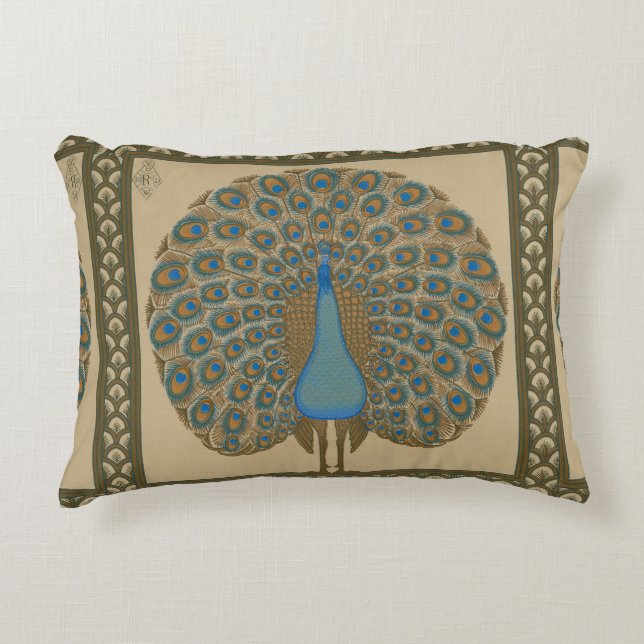 Coussins Décoratifs Walter Crane Blue Peacock avec sa queue écartée (Devant)