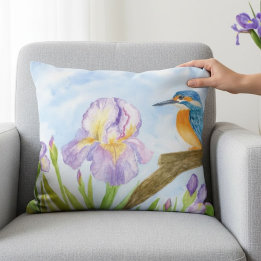 Coussins Décoratifs Watercolor Kingfisher with Purple Irises