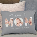 Coussins Décoratifs We Love You Mom Photo<br><div class="desc">This charming photo keepsake pillow is decorated with family photos in the shape of "MOM" and says,  "We Love You."  Easily customizable with your photos and children's names.</div>