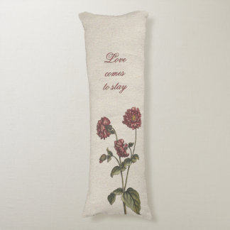 Coussins Longs Aimez floral vintage, beige avec texte romantique 