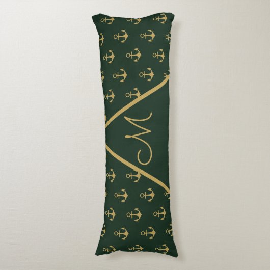 Coussins Longs Ancre nautique Forêt foncée Monogramme d'or vert (Devant (Vertical))