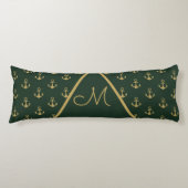 Coussins Longs Ancre nautique Forêt foncée Monogramme d'or vert (Devant)