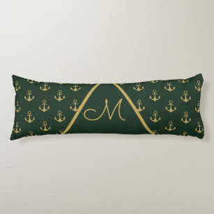 Coussins Longs Ancre nautique Forêt foncée Monogramme d'or vert